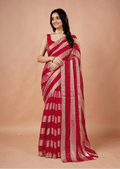 Rani Pink Tissue Silk Saree With Metallic Stripe Work