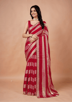 Rani Pink Tissue Silk Saree With Metallic Stripe Work