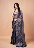 Smoky Purple Organza Silk Saree With Metallic Floral Print