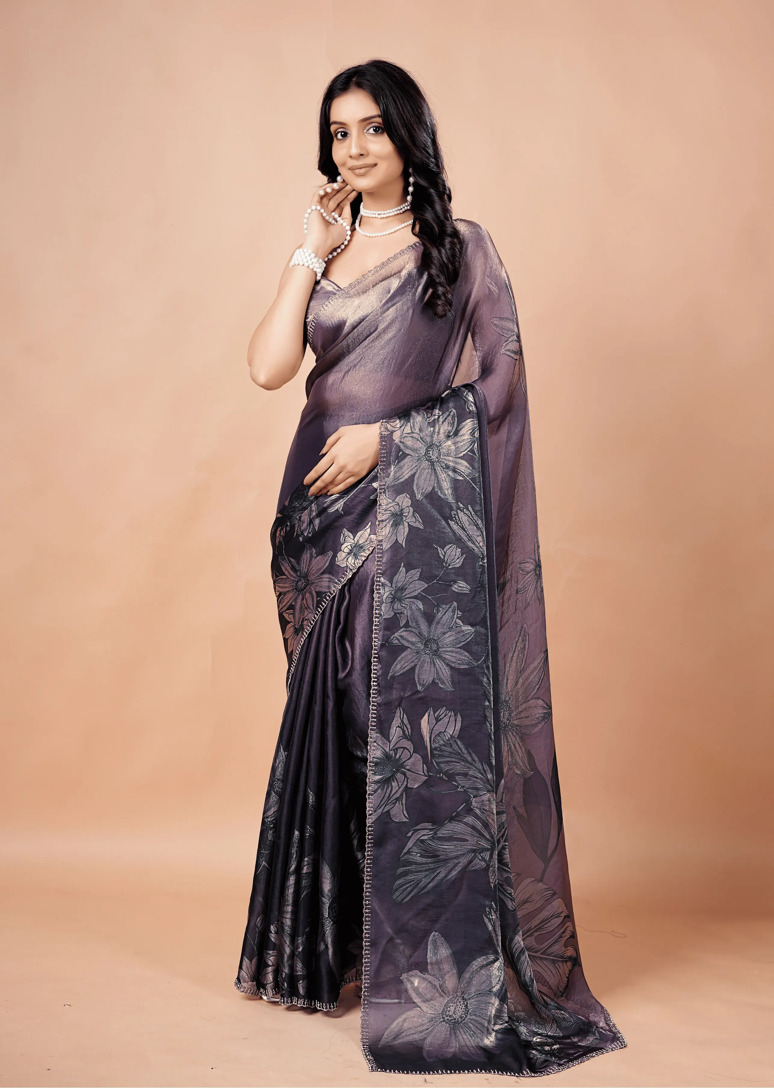 Smoky Purple Organza Silk Saree With Metallic Floral Print