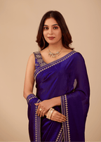 Midnight Blue Tissue Silk Saree With Crystal Border Work