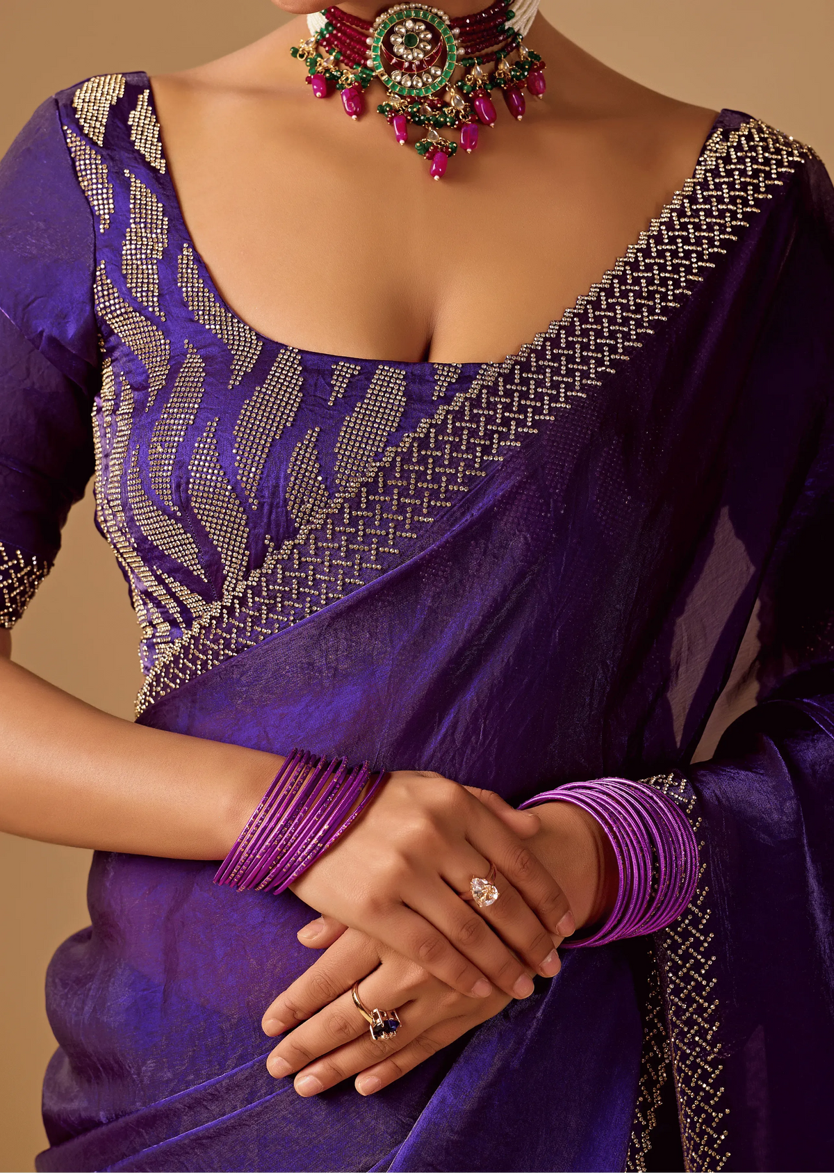 Royal Wine Tissue Silk Saree With Crystal Stone Border
