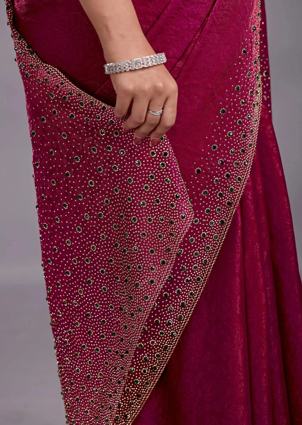 Rani Pink Tissue Silk Saree With Crystal Stone Work - Photo 7 | Buy Online Ethnic9