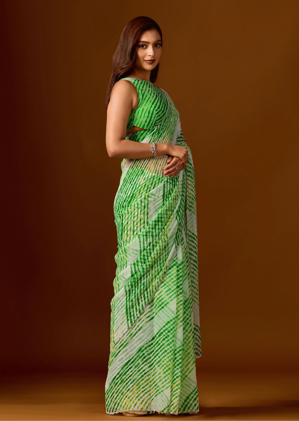 Bottle Green Chiffon Saree Side Pose - Festive Wear Saree