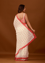 White Soft Organza Saree With Polka Dot Print