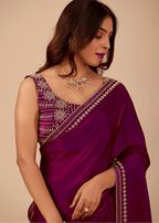 Royal Purple Tissue Silk Saree With Crystal Border Work