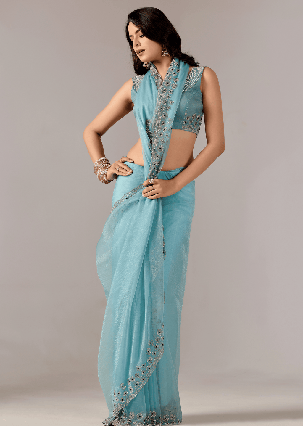 Sky Blue Tissue Saree With Stone Embroidery