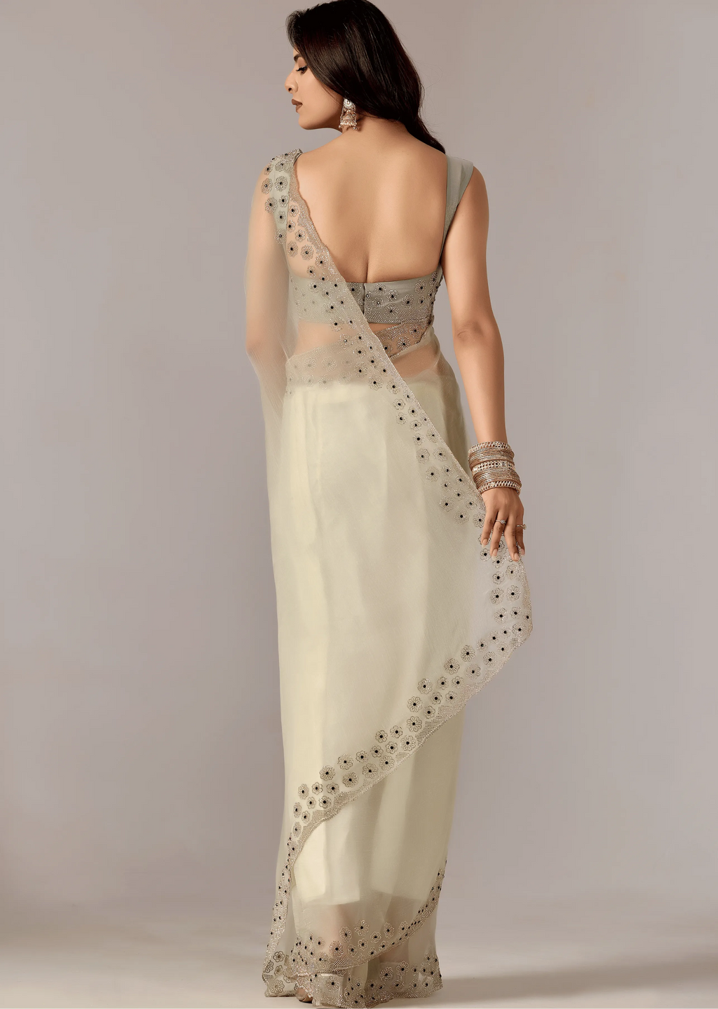 Pista Green Tissue Saree Back Pose - Stone Embroidery Detail