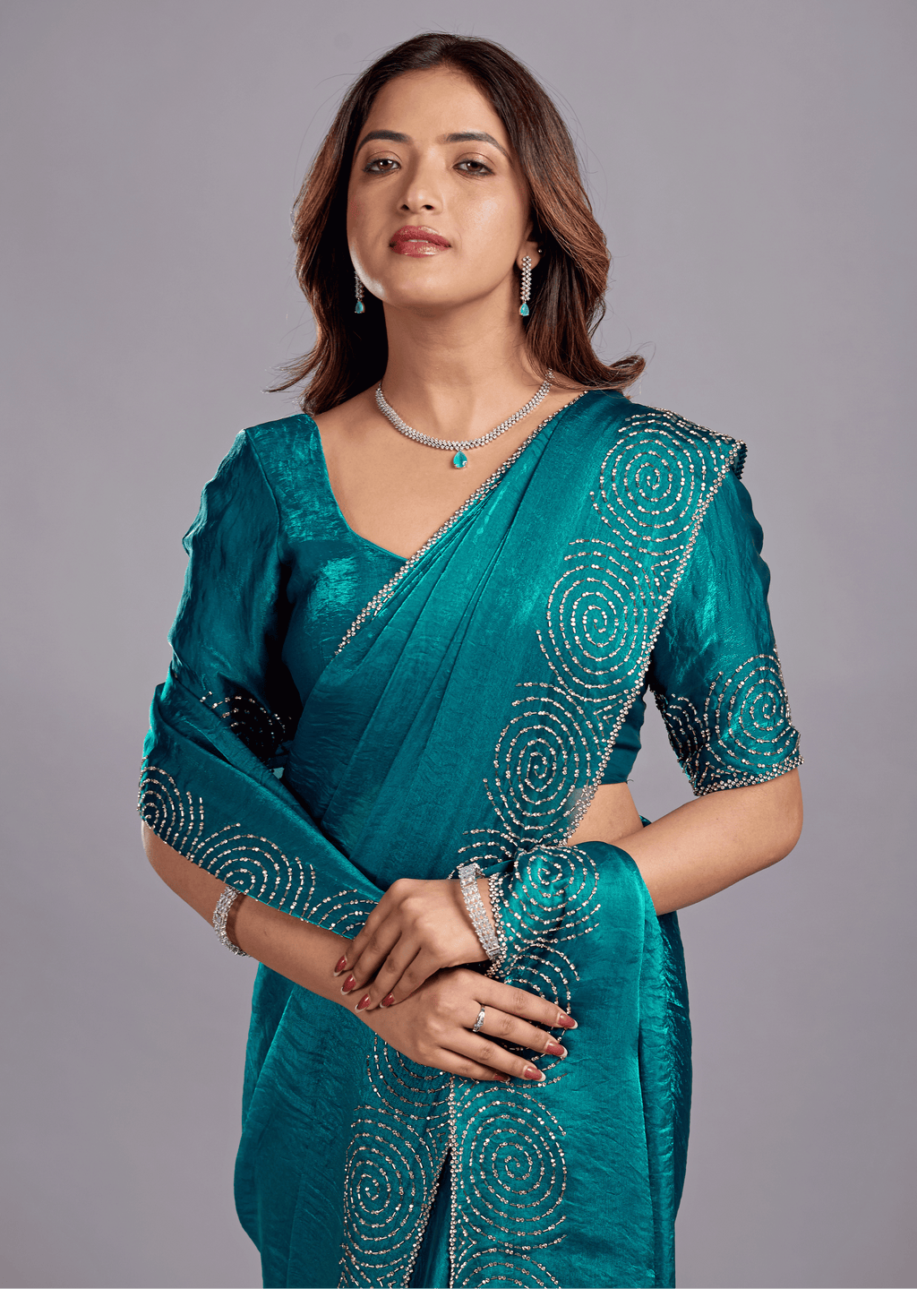 Peacock Teal Tissue Silk Saree With Crystal Spiral Work