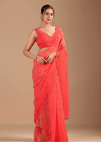 Coral Red Chiffon Saree With Leheriya Print