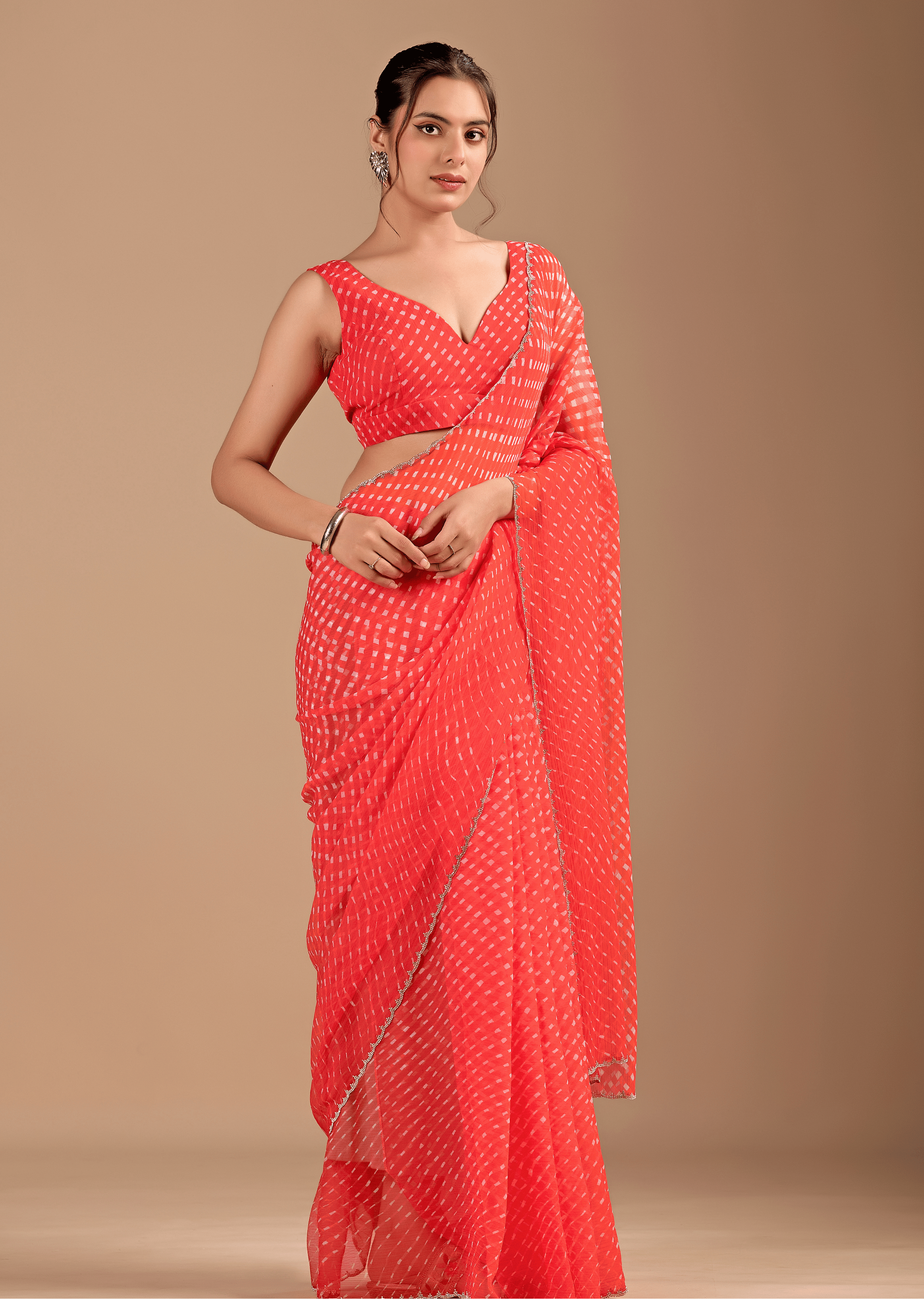 Coral Red Chiffon Saree With Leheriya Print