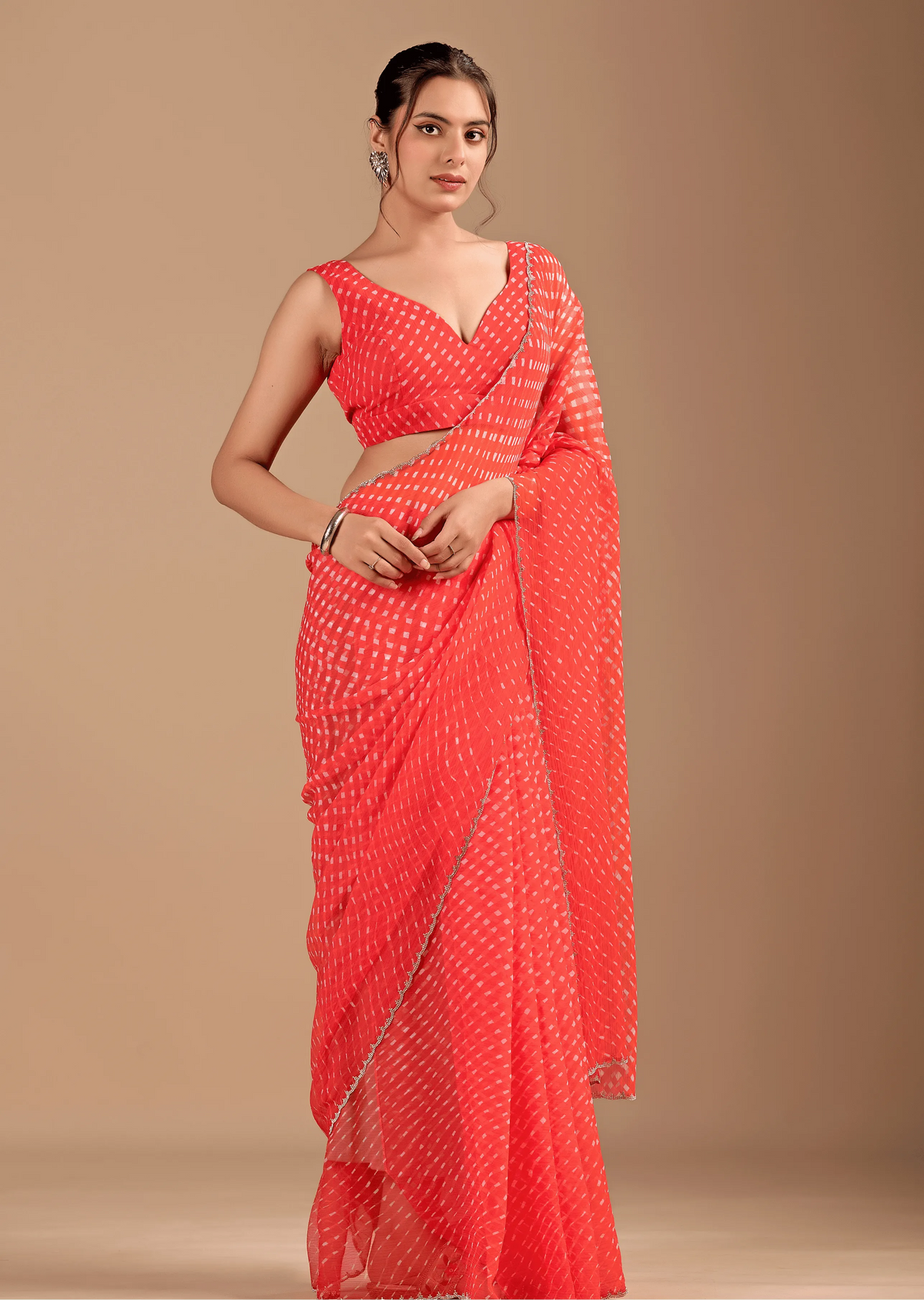 Coral Red Chiffon Saree Draped Look - Leheriya Print Design