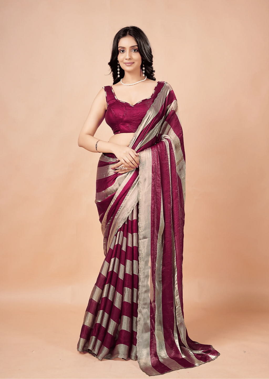 Wine Tissue Silk Saree With Metallic Stripe Work