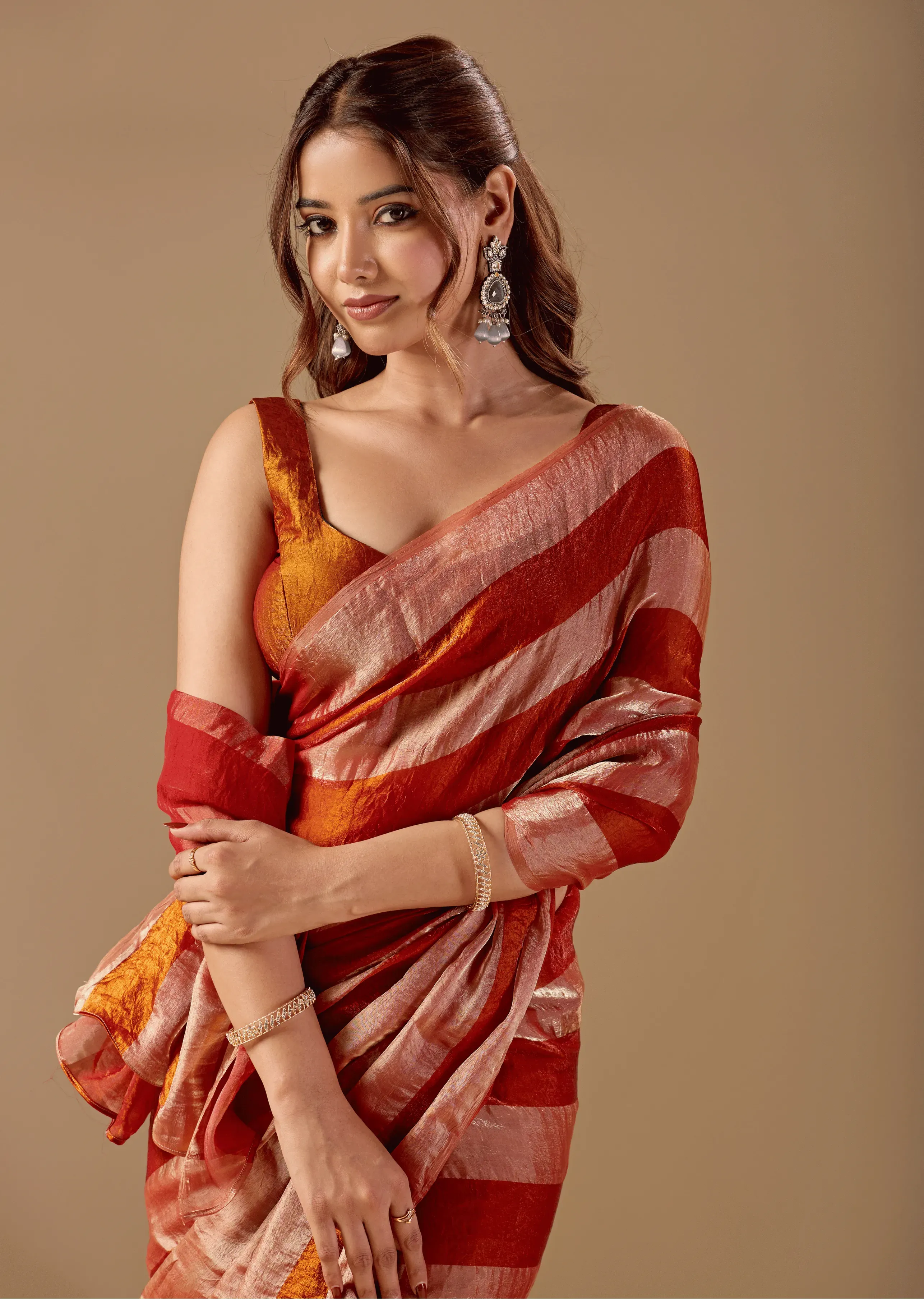Copper Rust Tissue Silk Saree With Metallic Stripe Weave