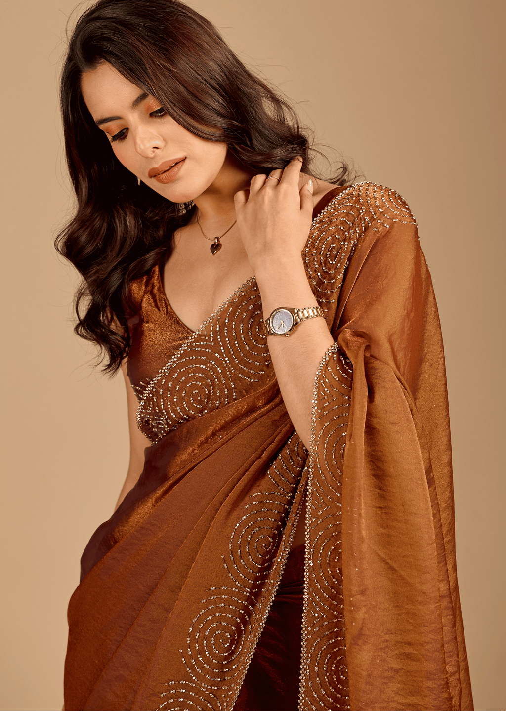 Antique Copper Tissue Silk Saree With Stone Spiral Border