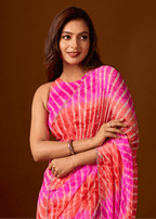 Flamingo Pink Chiffon Saree With Shibori Print