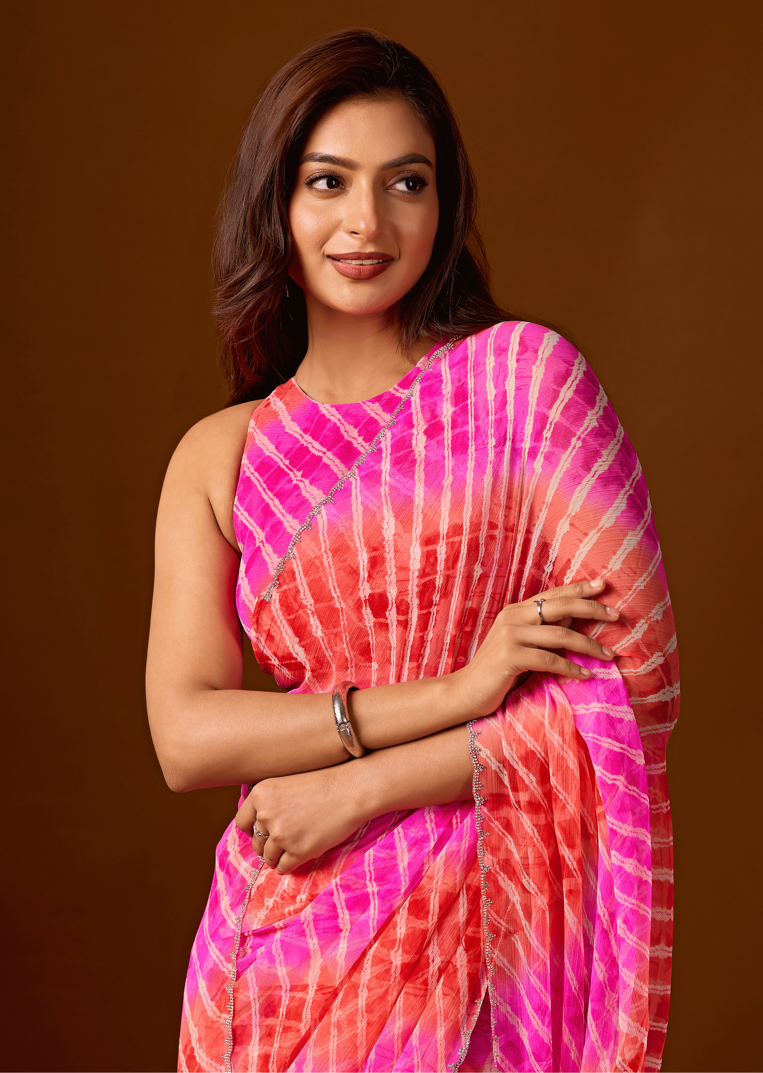 Flamingo Pink Chiffon Saree With Shibori Print