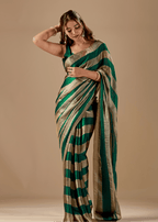 Emerald Green Tissue Silk Saree With Metallic Stripe Weave
