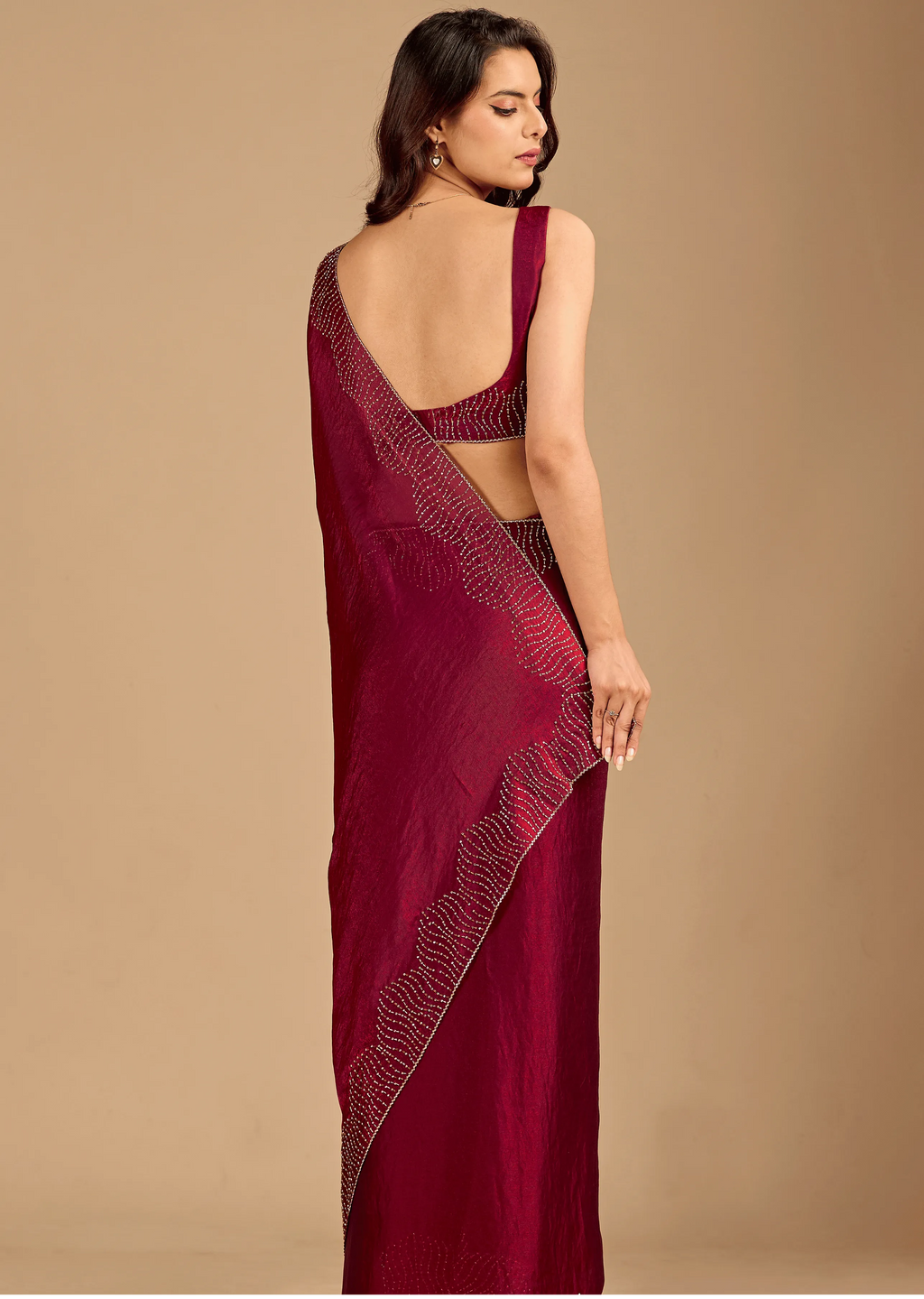 Wine Tissue Silk Saree Back Pose - Stone Work Detail