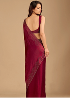 Wine Tissue Silk Saree Back Pose - Stone Work Detail