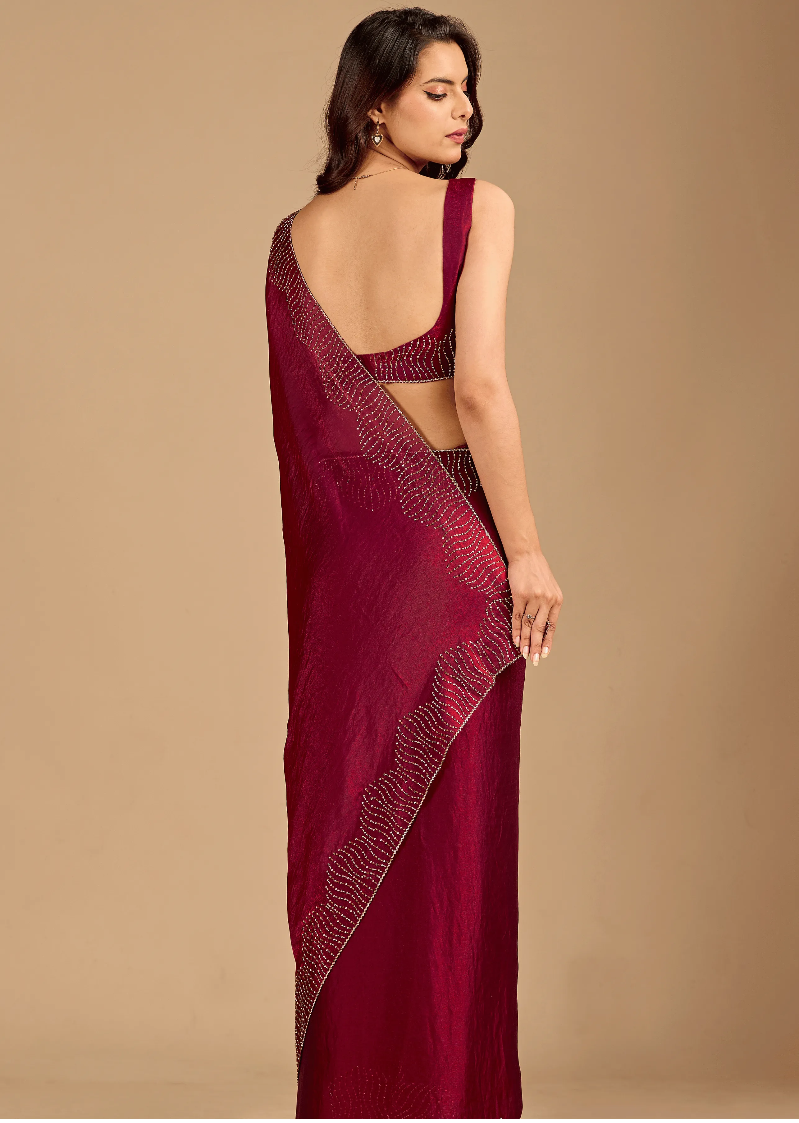 Wine Tissue Silk Saree Back Pose - Stone Work Detail