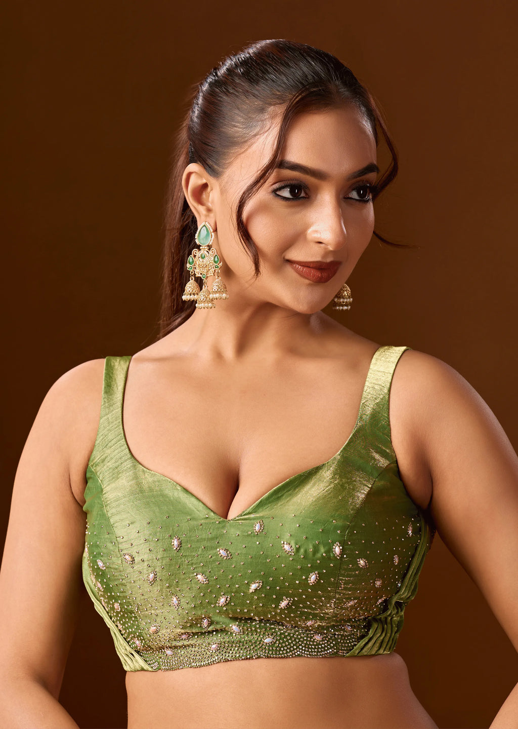 Pista Green Tissue Silk Saree Close Up Pose - Traditional Wear Saree