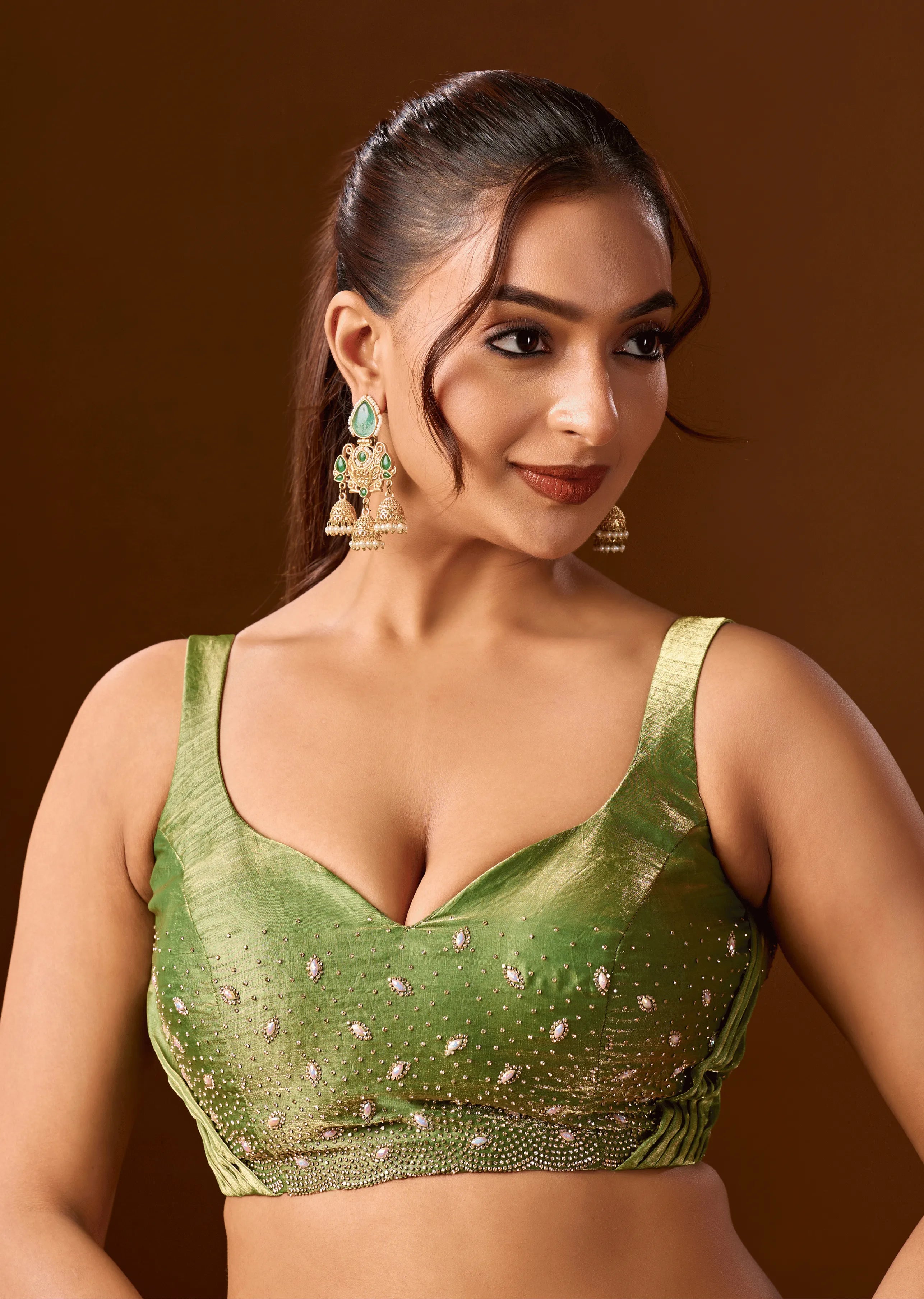 Pista Green Tissue Silk Saree Close Up Pose - Traditional Wear Saree