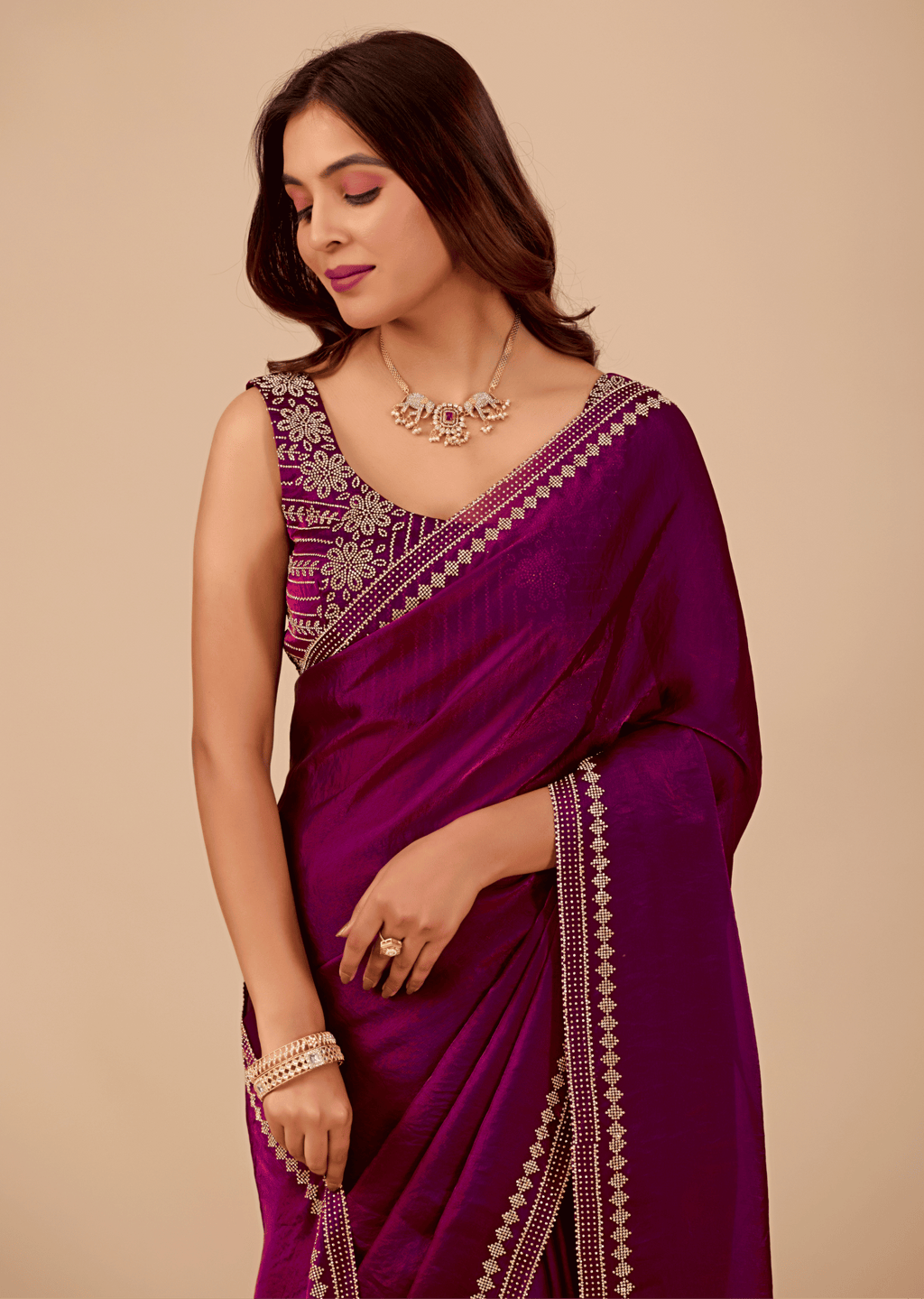 Royal Purple Tissue Silk Saree With Crystal Border Work