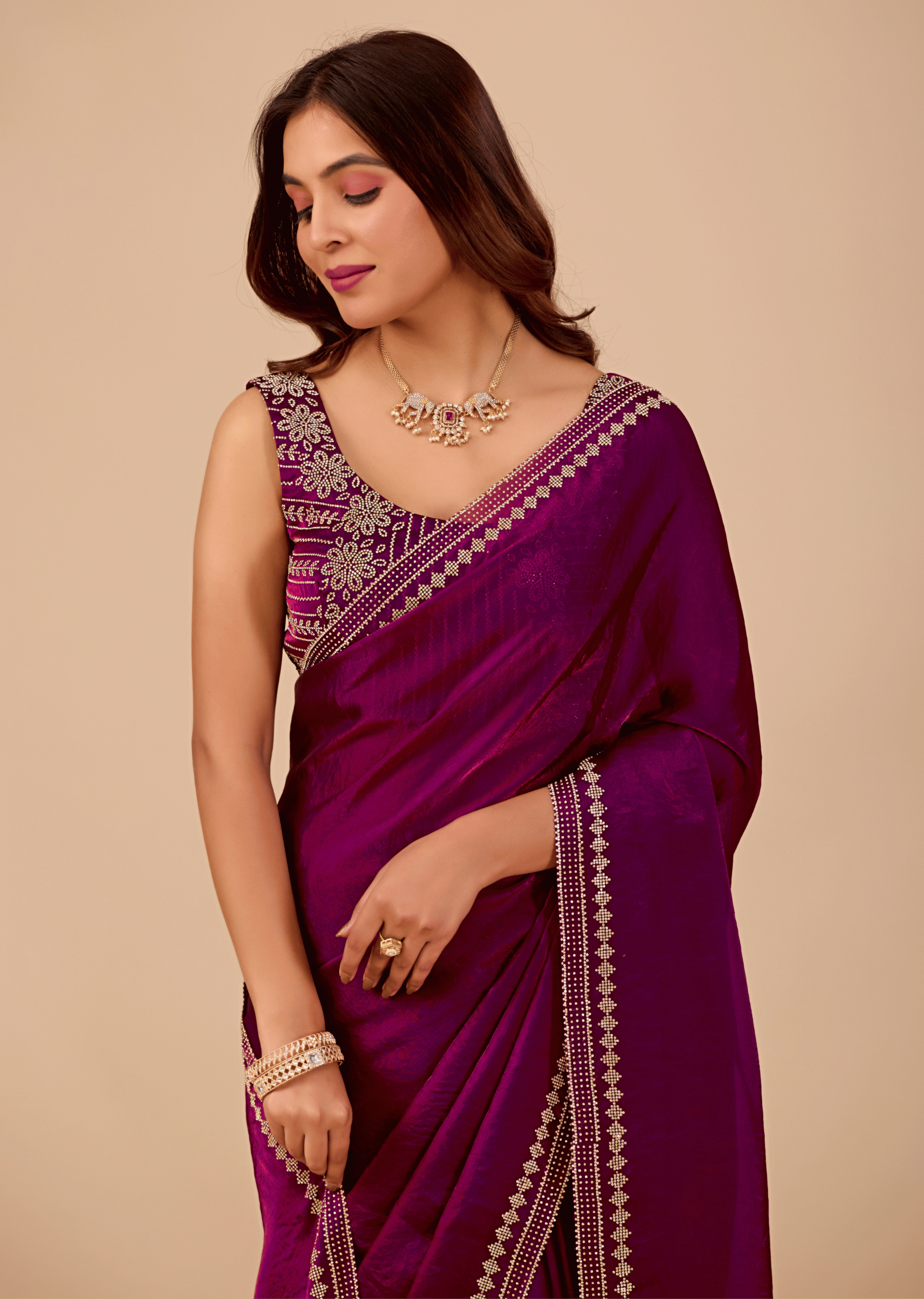 Royal Purple Tissue Silk Saree With Crystal Border Work