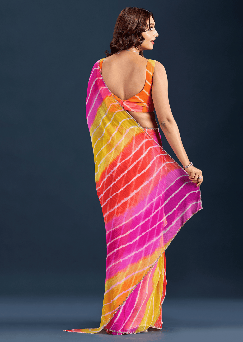 Orange Chiffon Saree With Leheriya Print