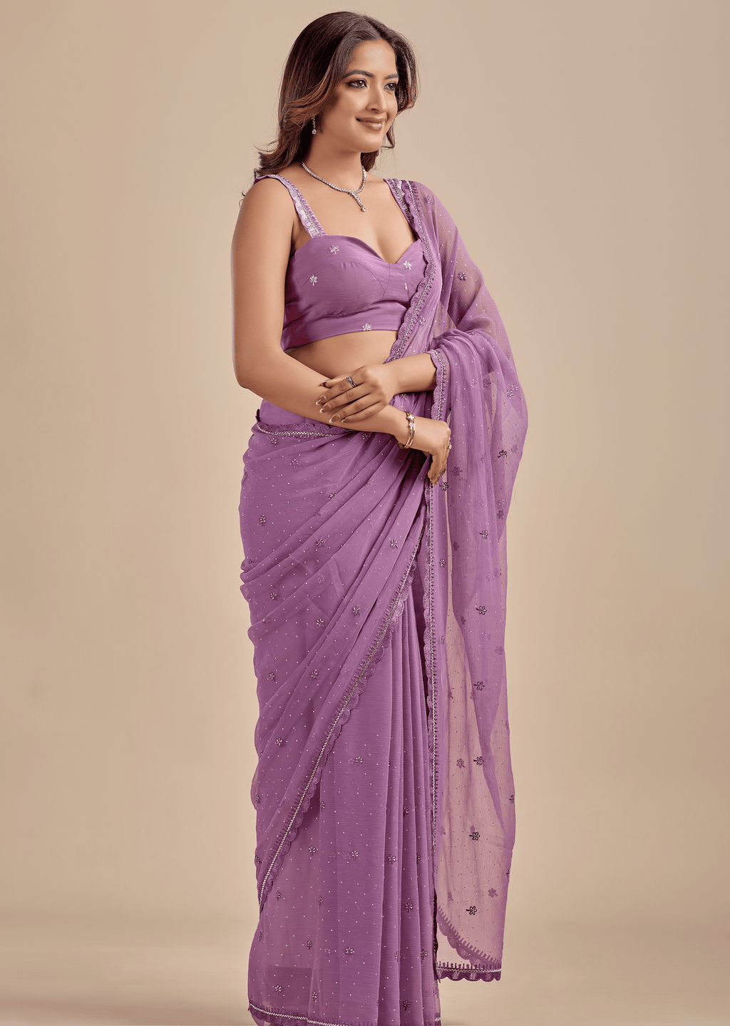 Lavender Chiffon Saree With Floral Embroidery