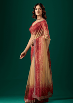 Ruby Red Organza Saree With Floral Print
