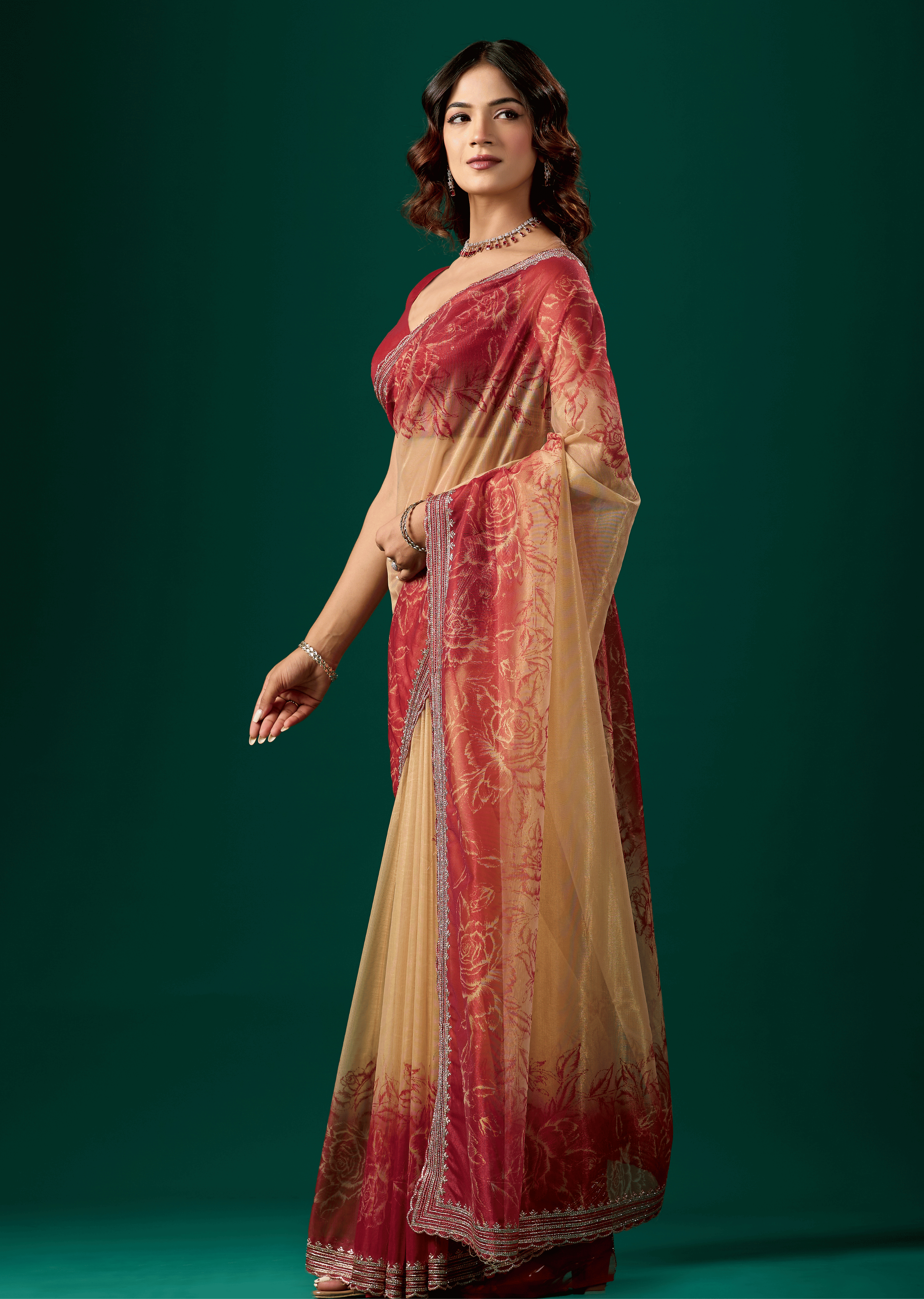 Ruby Red Organza Saree With Floral Print