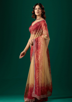 Ruby Red Organza Saree Blouse Close Up - Embellished Border Detail
