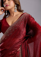 Maroon Tissue Silk Saree With Crystal Stone Work