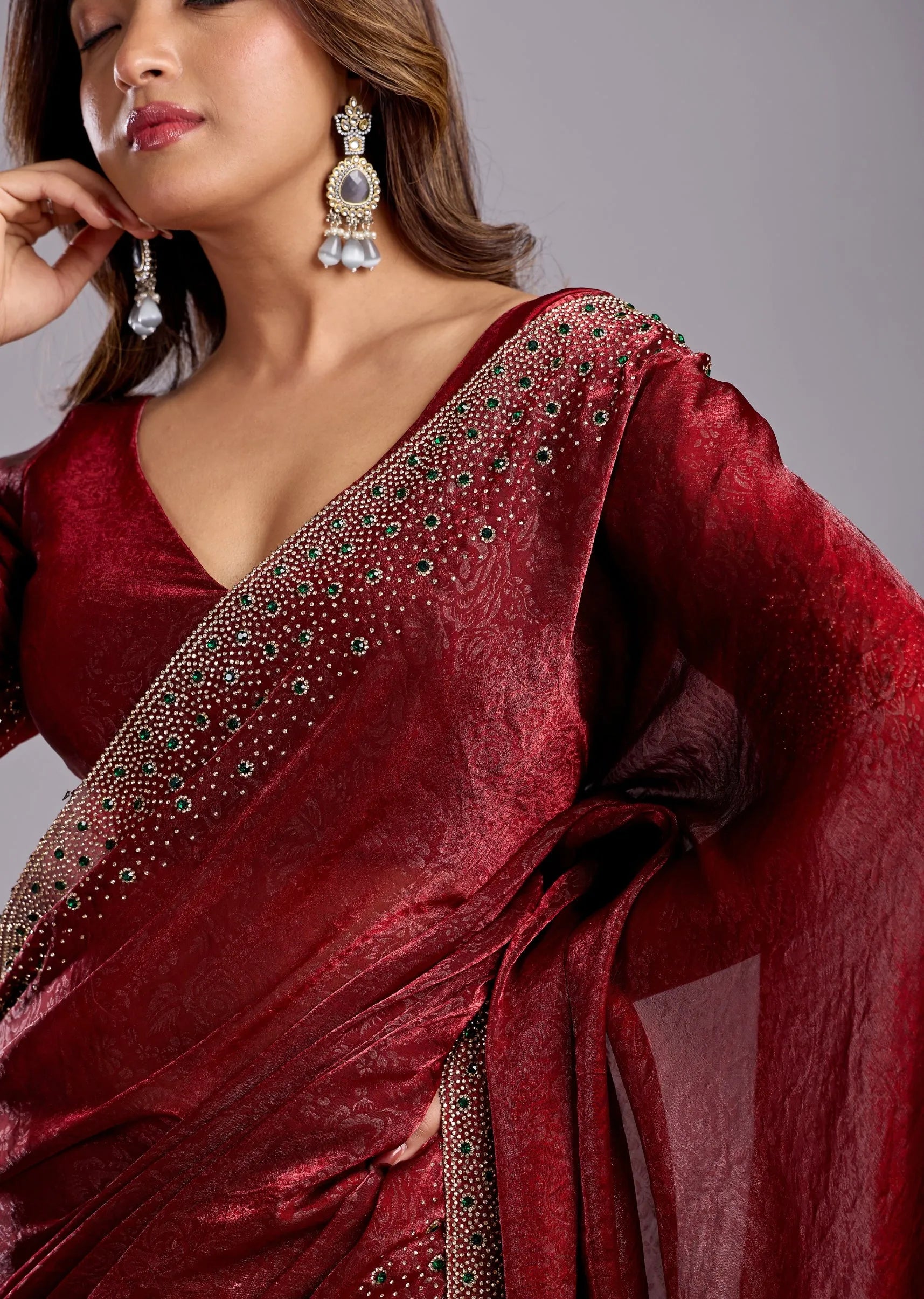 Maroon Tissue Silk Saree Draped Look - Crystal Stone Work Design