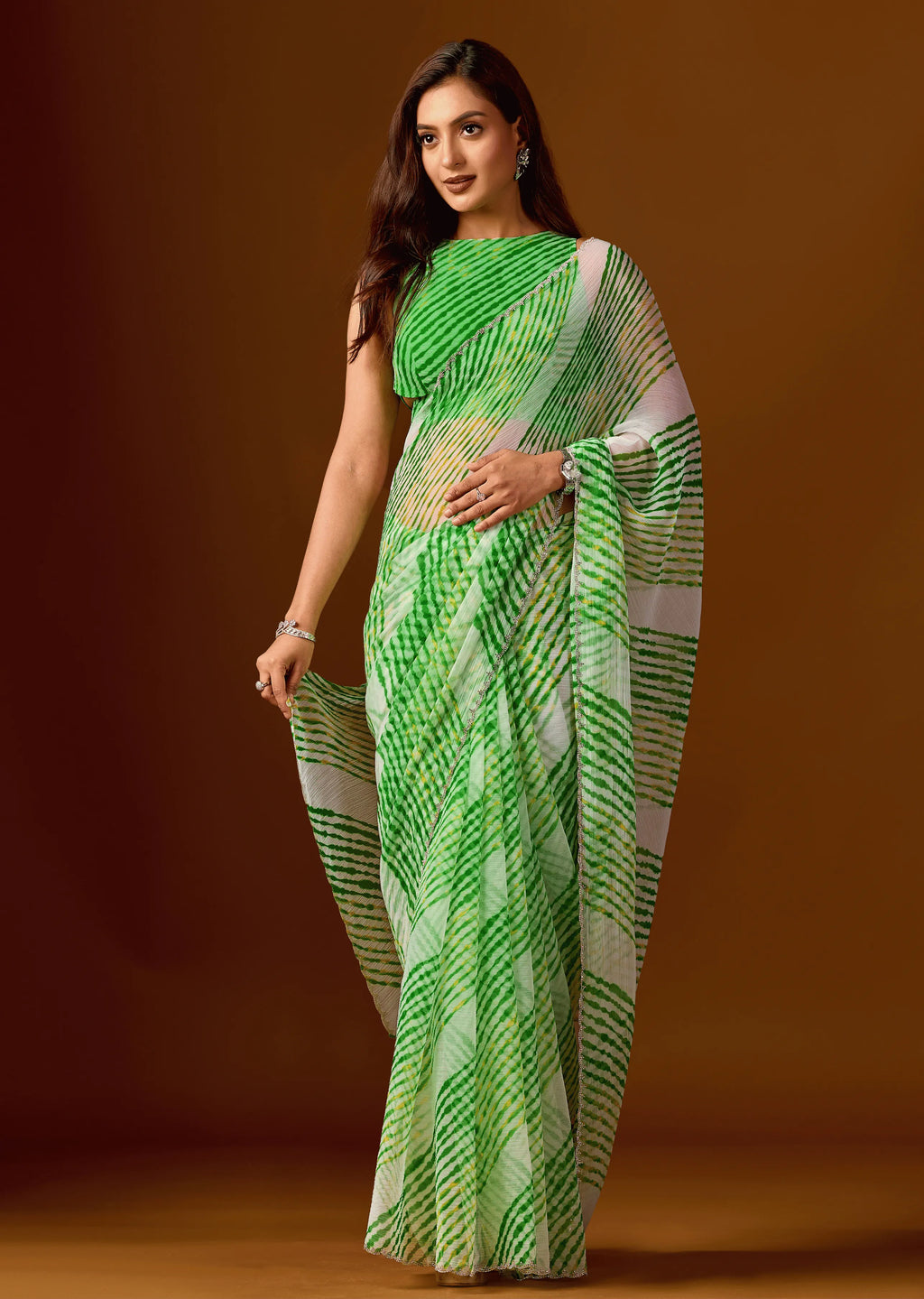 Bottle Green Chiffon Saree Draped Look - Leheriya Print Design