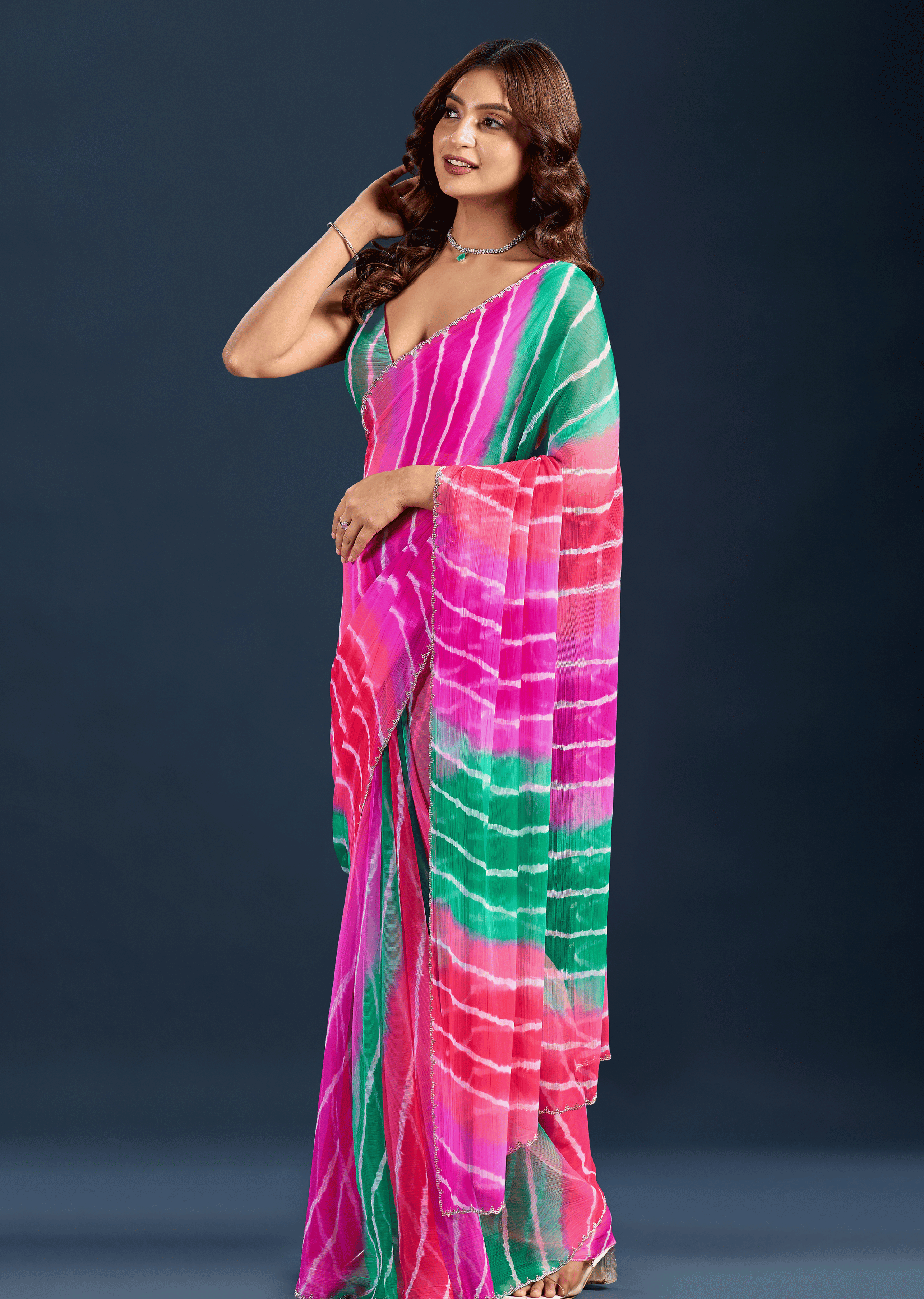 Rani Pink Chiffon Saree With Leheriya Print