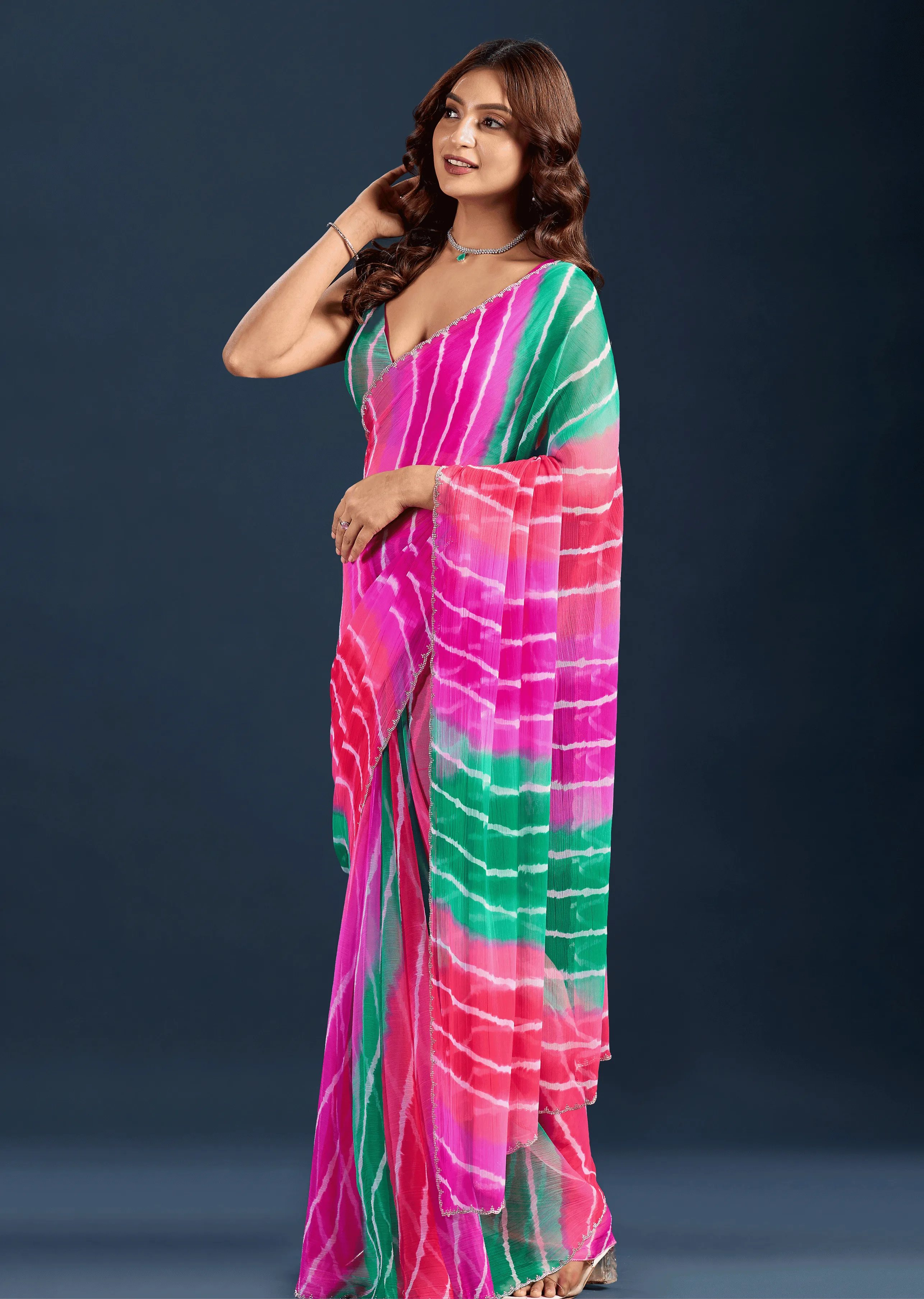 Rani Pink Chiffon Saree Draped Look - Leheriya Print Design