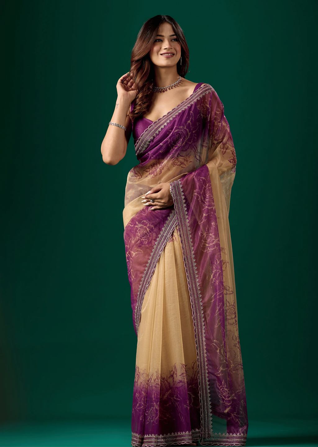 Royal Purple Organza Saree With Floral Print - Front Look | Buy On Ethnic9