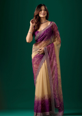 Royal Purple Organza Saree With Floral Print - Front Look | Buy On Ethnic9