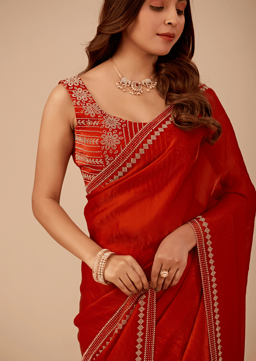 Crimson Red Tissue Silk Saree With Diamond Border Work