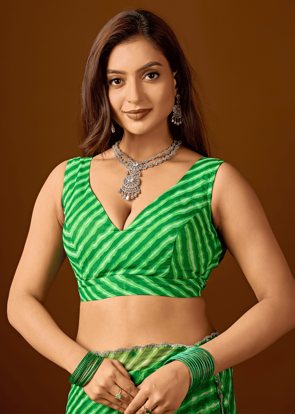 Lime Green Chiffon Saree With Leheriya Print