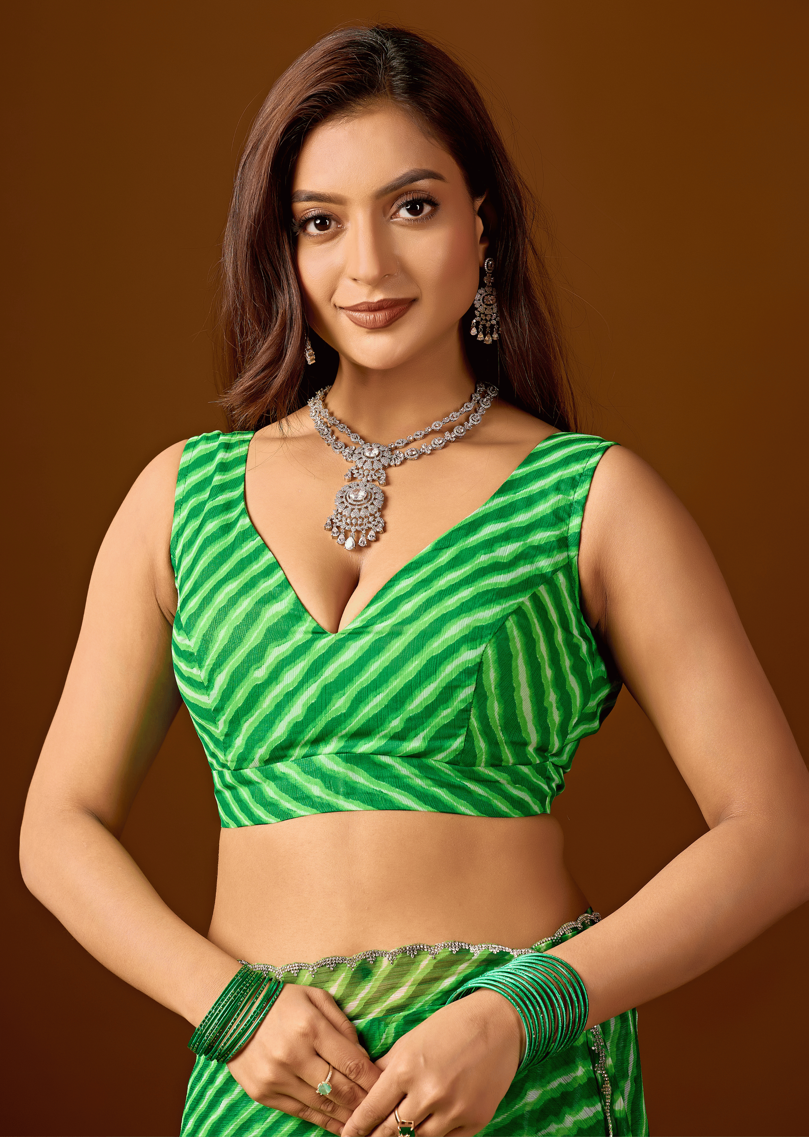 Lime Green Chiffon Saree With Leheriya Print