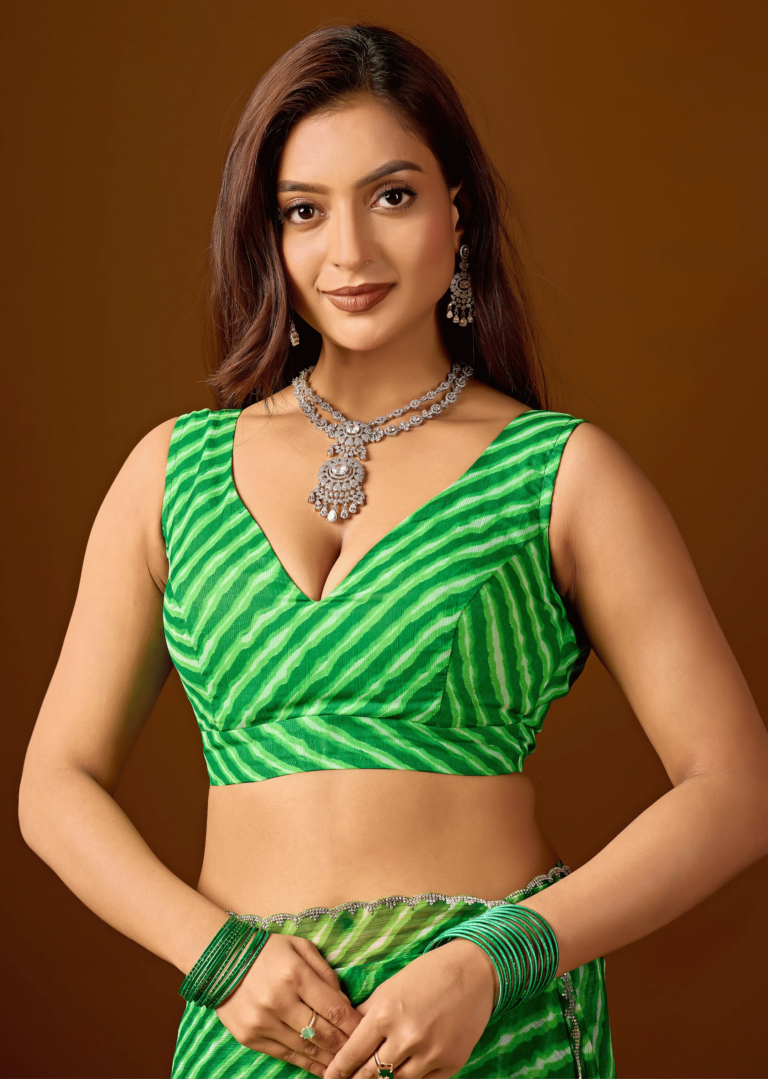 Lime Green Chiffon Saree Blouse Close Up - Shimmer Lace Border Detailing