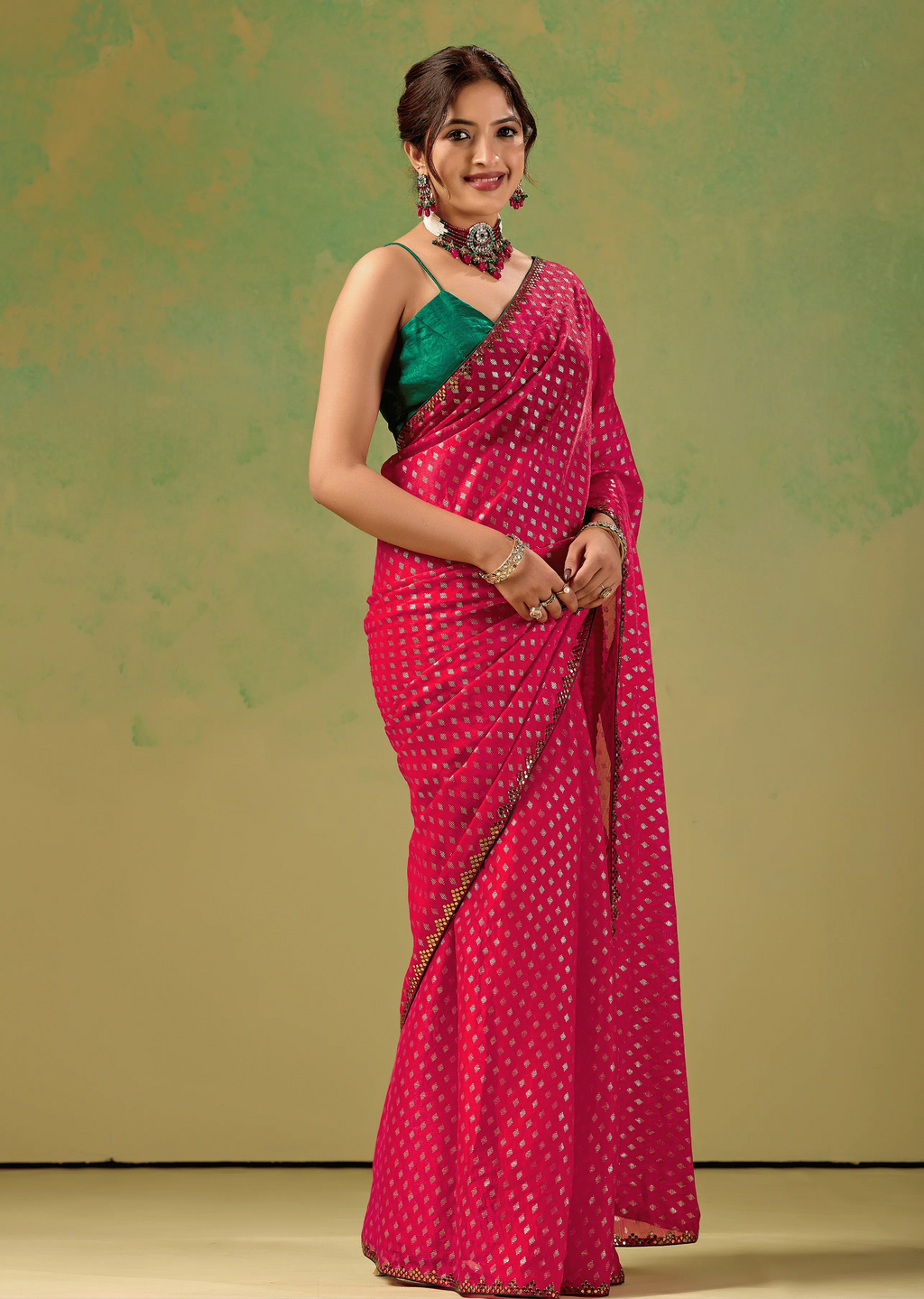 Rani Pink Tissue Silk Saree Blouse Close Up - Embellished Border Detail