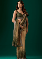Olive Green Organza Saree With Floral Print