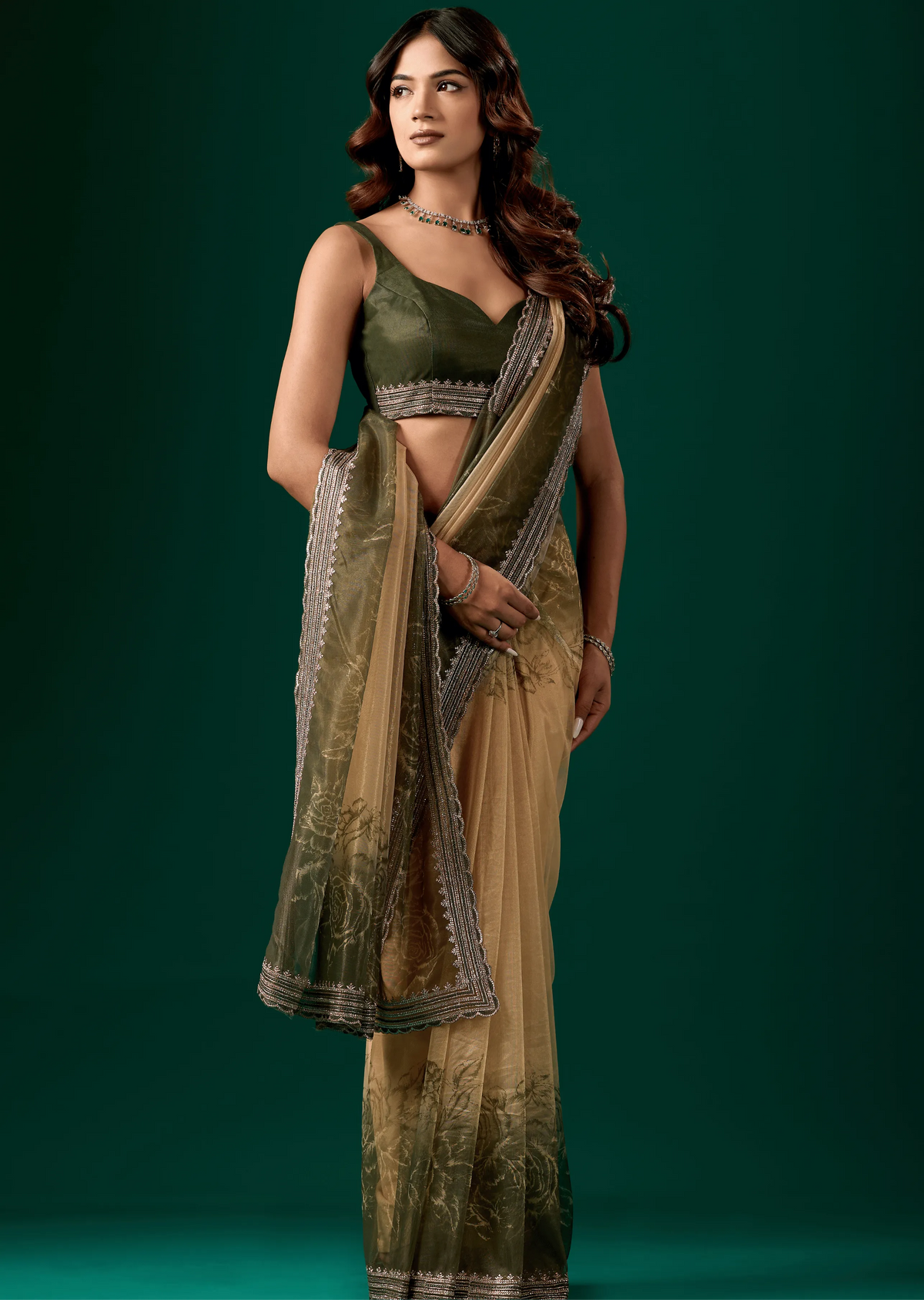 Olive Green Organza Saree Draped Look - Floral Print Design