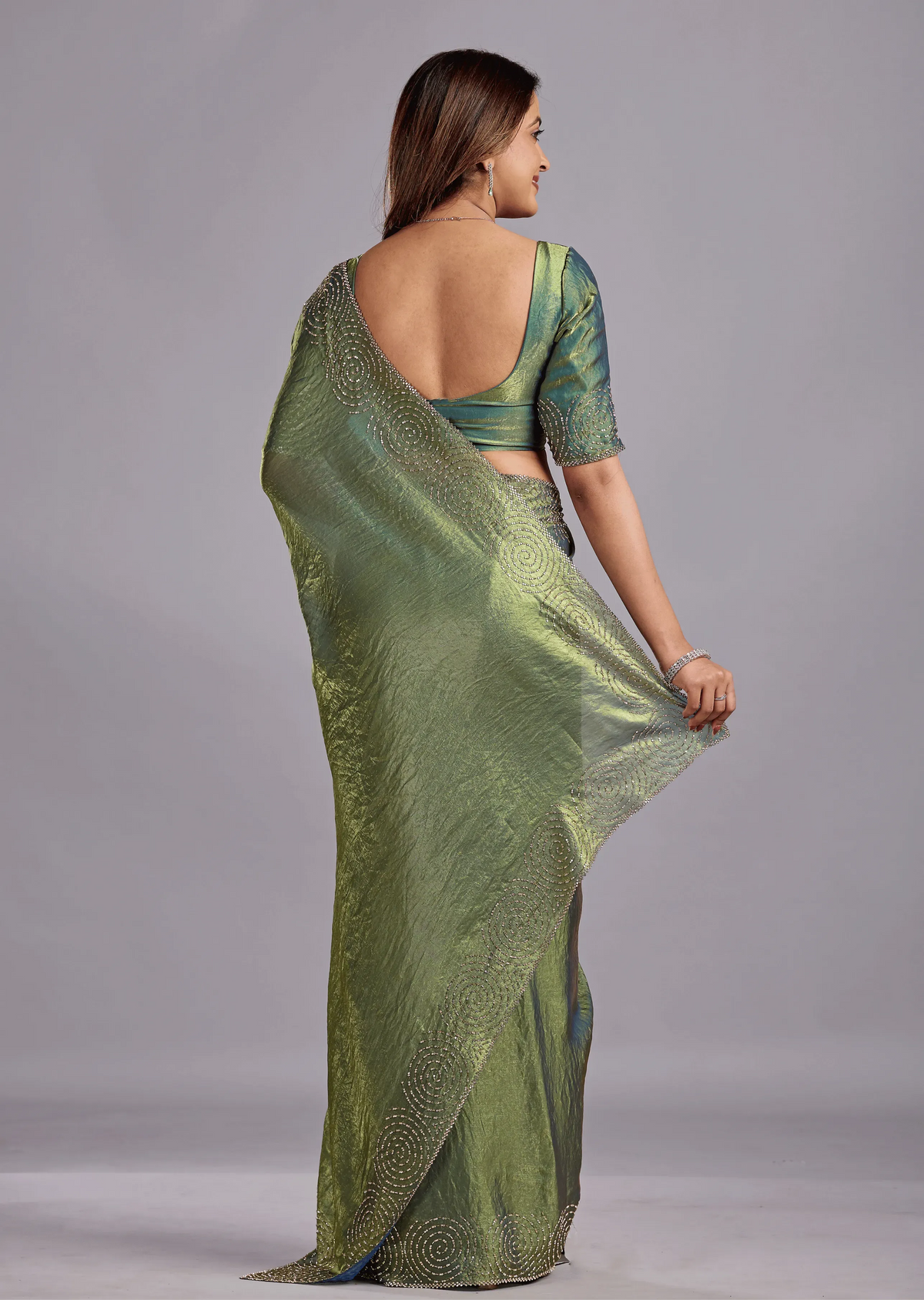 Olive Green Tissue Silk Saree With Crystal Spiral Work