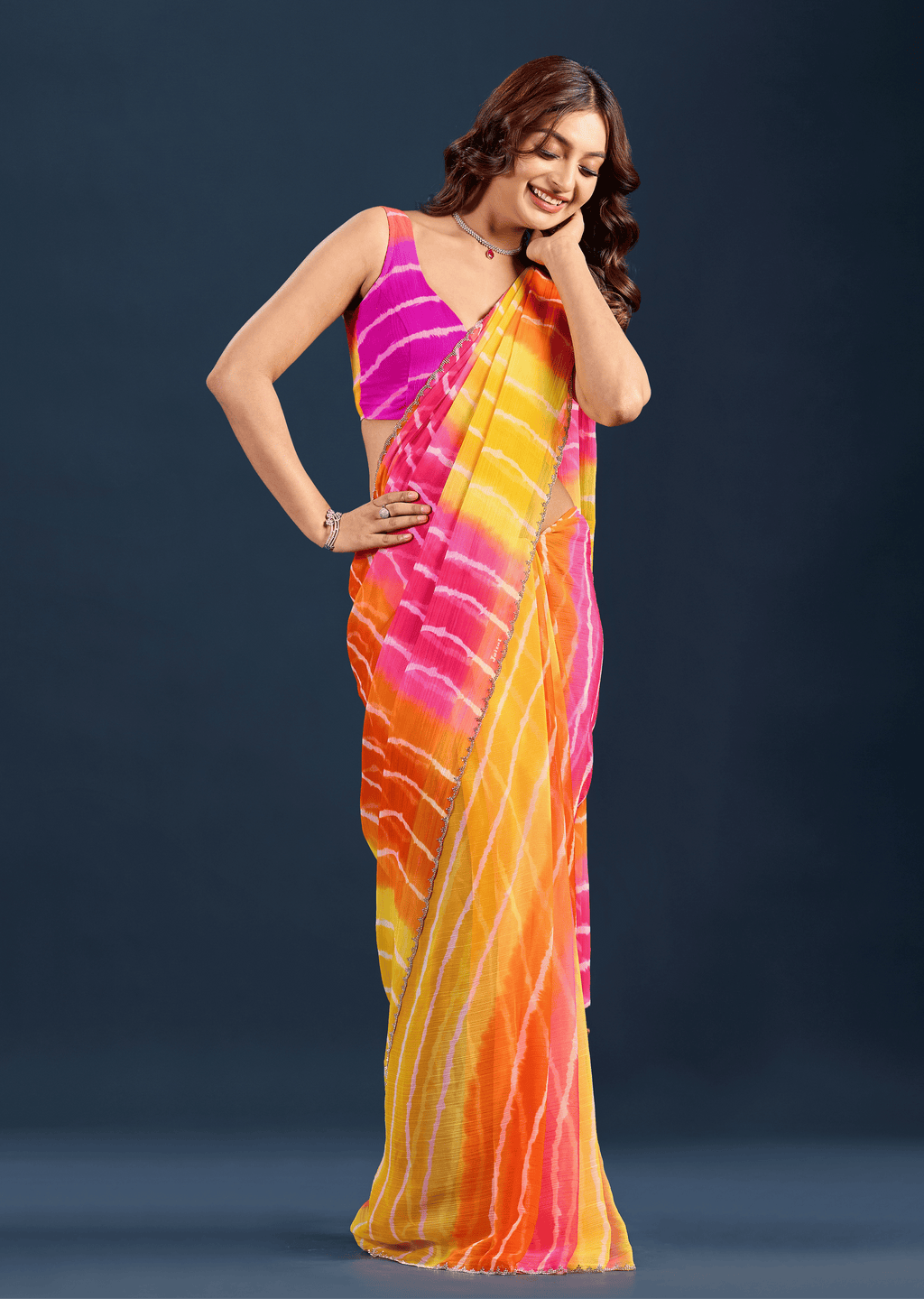 Pink Orange Chiffon Saree With Leheriya Print